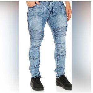 Mecca Men‎ Acid Wash Distressed Moto Jeans Stretch Fit Blue Size 38